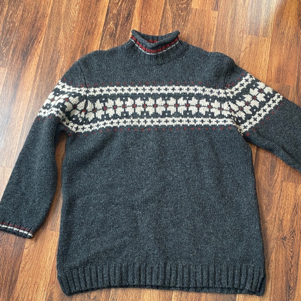 Eddie Bauer women’s Xl Tall lambs wool roll neck fair isle sweater grey winter